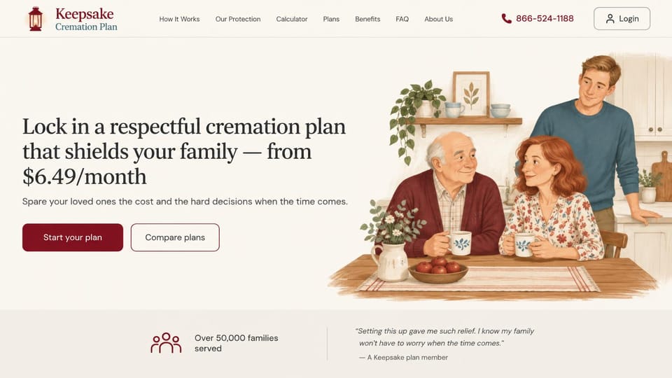 Funeral home website design, prepaid cremation plan with a monthly price: cream page, a serif headline with a price, red and outlined buttons, an illustration of an older man and a couple at a kitchen table, a member quote below