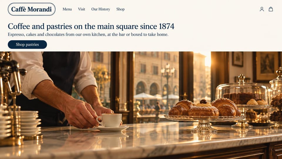 Cafe website design, old-world cafe and pastry counter: cream band with a navy serif line over a photo of a barista serving espresso beside pastries