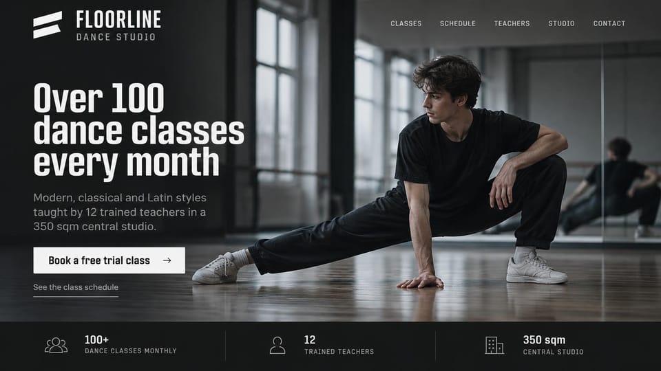 Dance studio website design, modern and Latin classes with studio stats: charcoal page, a condensed white headline, a young man stretching in a deep lunge in a dim studio, a white trial button and a stats strip