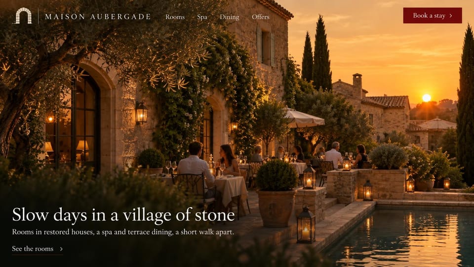 Hotel website design, country hotel in a stone village: a stone village terrace with diners, lanterns and a pool at sunset, a white serif headline lower left