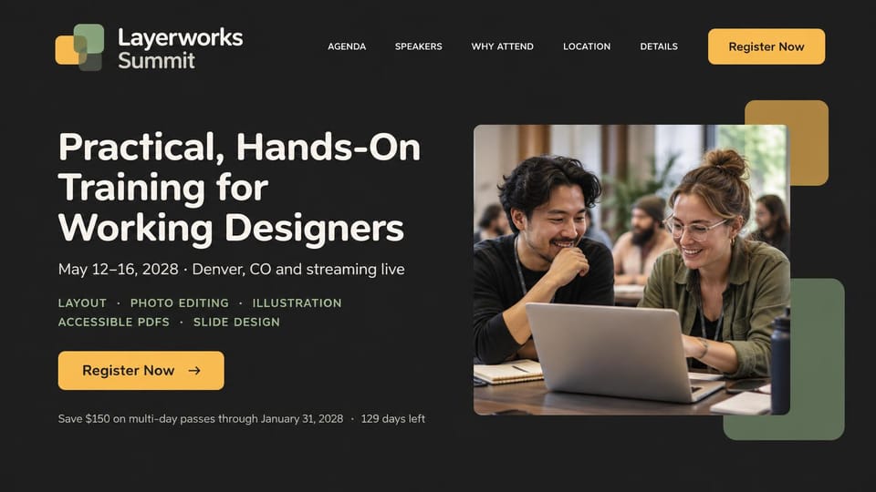 Event website design, hands-on design training summit: charcoal page, white headline, sage topic tags, yellow register button, two designers laughing at a laptop, yellow and green blocks