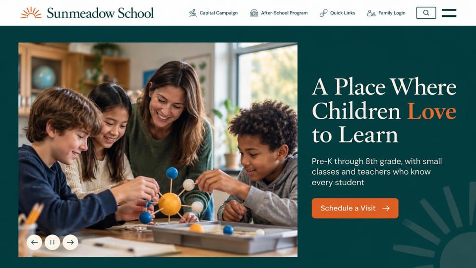 School website design, pre-K to 8 school with a framed photo slider: dark teal page, a framed photo of a teacher and children building a molecule model, a serif headline with one orange word, an orange button