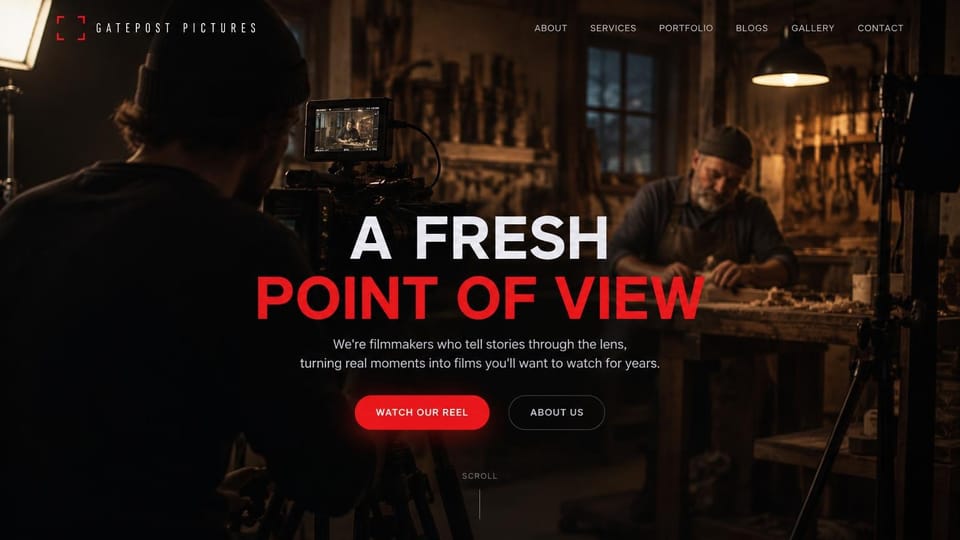 Videographer website design, film production with a red headline in a workshop: dark workshop photo of a camera operator filming a woodworker under a hanging lamp, a large centered white and red headline in capitals, a red reel button, an outlined about button