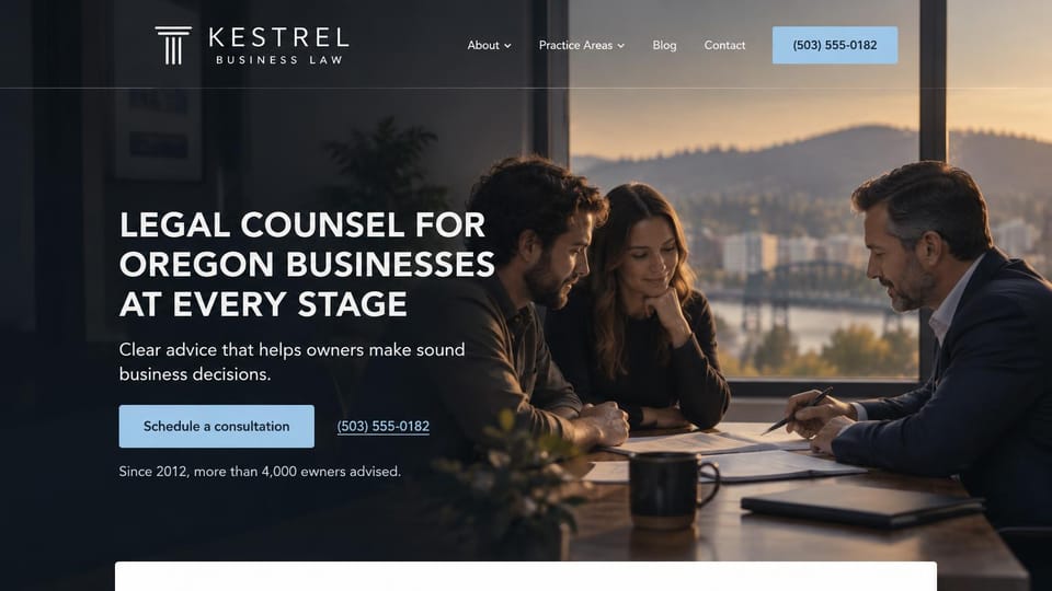 Law firm website design, small business law, plain and direct: charcoal, a lawyer advising business owners in a sunlit office, bold uppercase headline