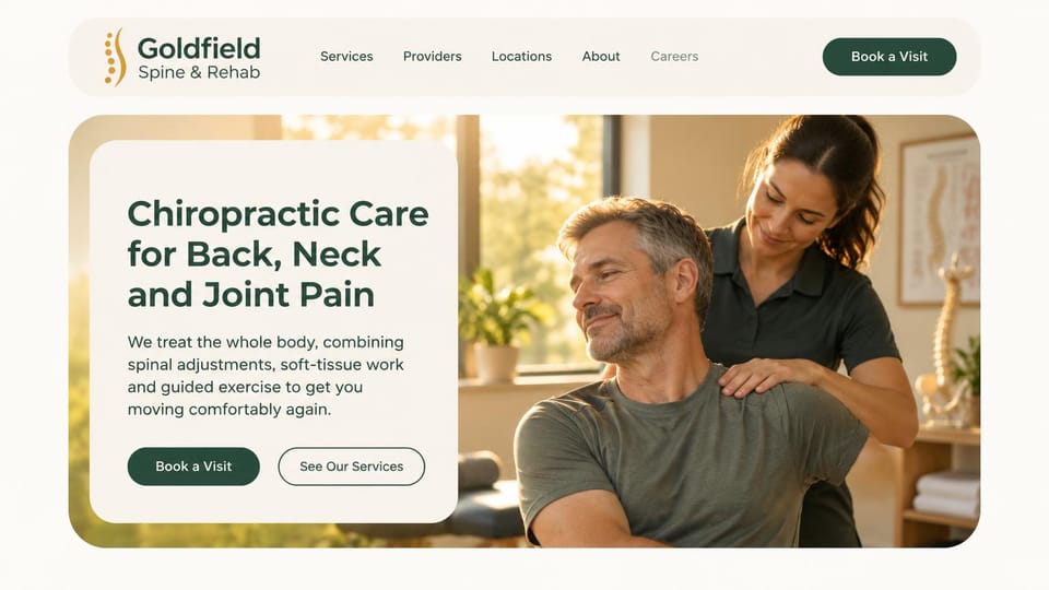 Chiropractor website design, spine and rehab clinic in cream and green: cream page, a rounded photo of a chiropractor's hands on a smiling man's shoulders in a sunlit room, a cream text card with a deep green headline and green buttons