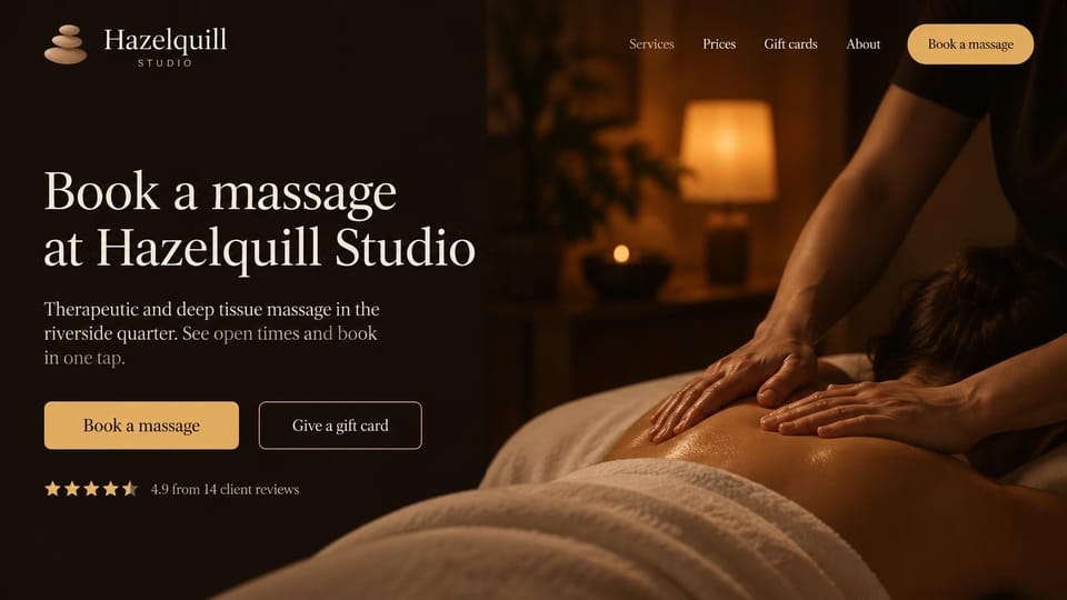 Massage therapist website design, massage studio with booking as the headline: dark brown photo of a back massage by lamplight, a large cream serif headline, a gold button and an outlined gift card button