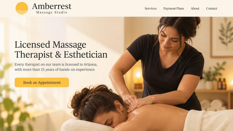 Massage therapist website design, massage and esthetics with payment plans: cream page, a dark serif headline, a yellow button and a sunlit photo of a therapist massaging a woman's shoulders