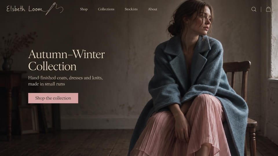 Fashion website design, mohair coat in a dim, warm room: dark warm room, a woman in a blue-gray mohair coat and blush pleated skirt on a wooden chair by a window, a handwritten logo, a cream serif headline and a dusty pink button