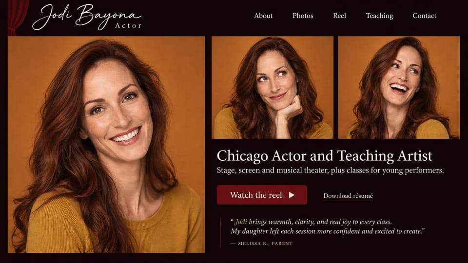 Actor website design, actor and teaching artist with classes for kids: black and burgundy page, three portraits of a red-haired woman on mustard, a white serif headline, a burgundy reel button and a quote below