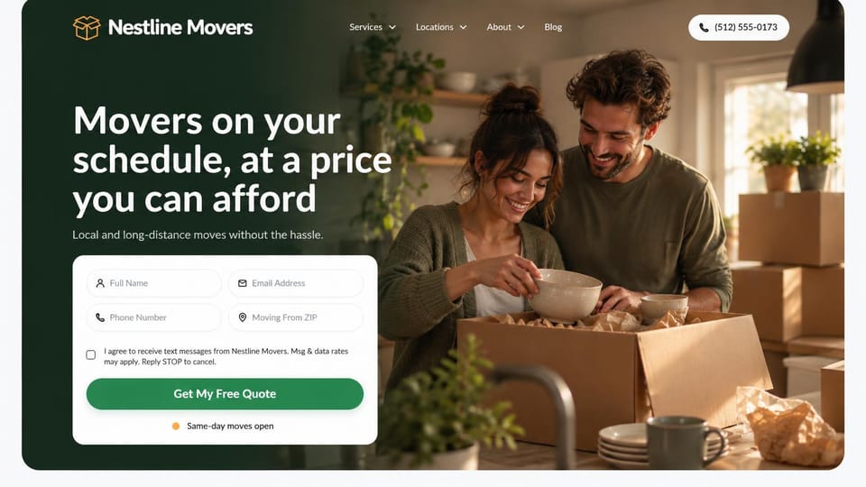 Moving company website design, affordable movers with a couple packing at home: rounded dark green panel, a white headline, a couple wrapping bowls into a box in a sunny kitchen, a white quote form with a green button