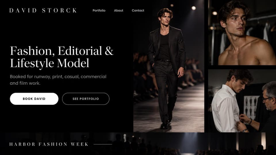Model portfolio website design, male runway model with backstage shots: black page, a white serif headline, white and outlined pill buttons, a man walking a runway and two backstage photos