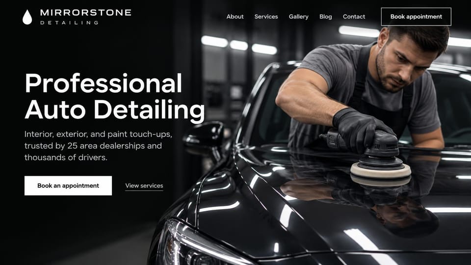 Car detailing website design, detail shop in black and white: black page, a detailer in a gray shirt and apron polishing a black car's hood, large white headline, white book button and a services link