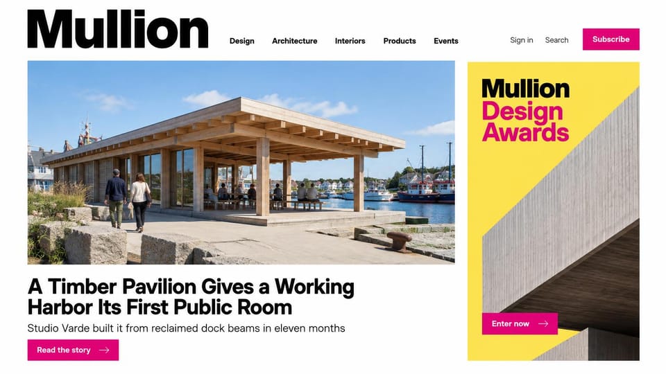 News and magazine website design, design and architecture news with an awards panel: white page, heavy black sans wordmark, magenta subscribe button, a timber pavilion on a harbor quay, yellow side panel with a magenta awards headline over a concrete building