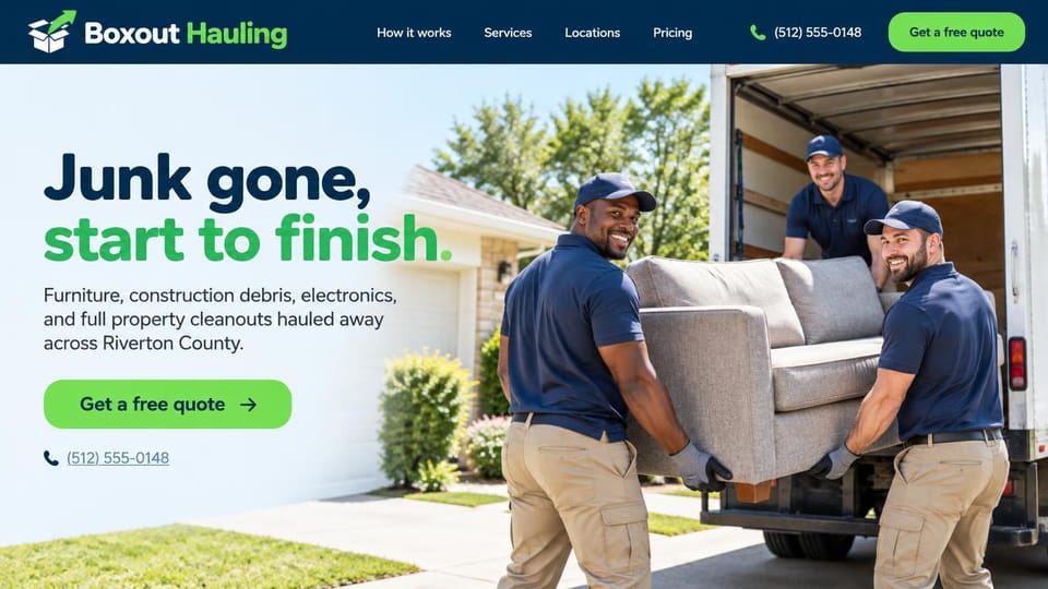 Junk removal website design, cleanouts and debris hauling with a smiling crew: navy menu bar, a pale sky-blue fade, a navy and green headline, a green quote button, three smiling crew members in navy polos and caps loading a gray sofa into a truck