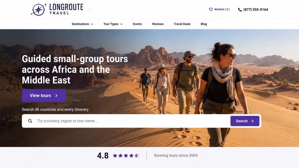 Travel agency website design, small-group tours across two regions with a tour search: white header, a large desert photo of hikers on red dunes, a white headline, a purple tours button and a white search bar