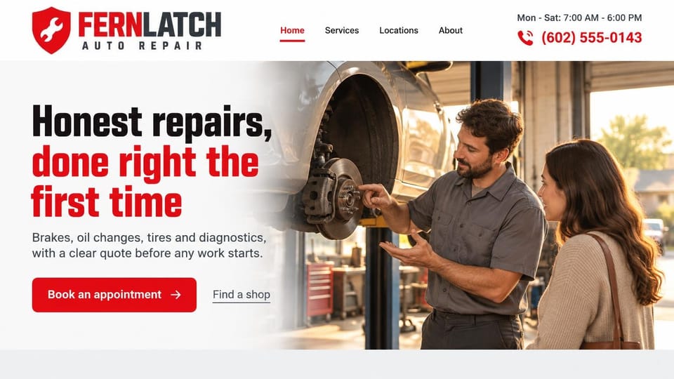 Auto repair website design, repair shop with several locations and a shop finder: white page, a black and red condensed headline, a red book button and a find-a-shop link, a mechanic showing a brake caliper to a woman in the bay