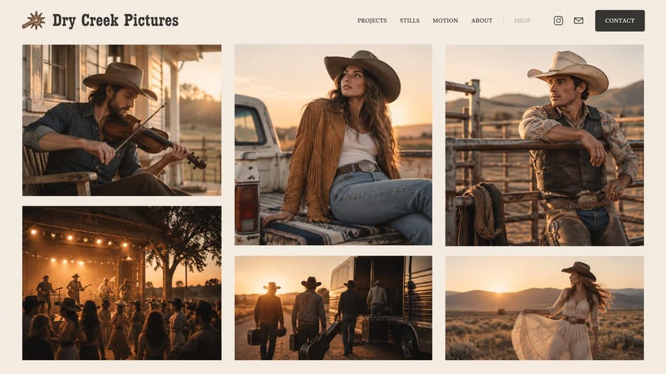 Photography website design, lifestyle and western, photo and film: cream page, a dark serif name above a staggered grid of ranch, cowboy and musician photos