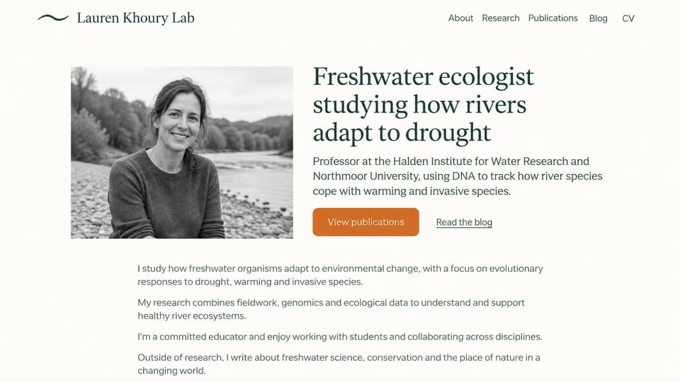 Resume website design, river ecologist with a riverside portrait: ivory page, a black and white portrait of a smiling woman by a river, a deep green serif headline and an orange publications button