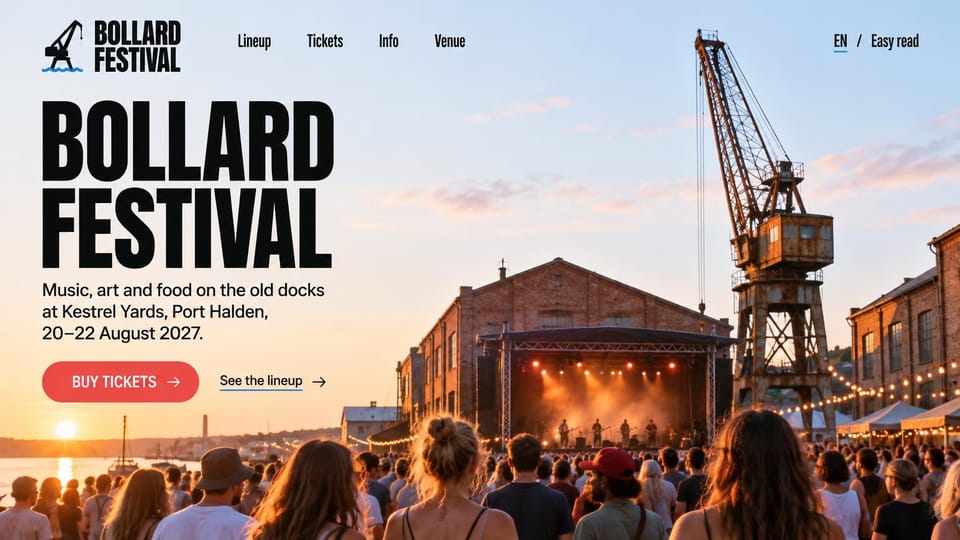 Event website design, waterfront arts festival at an old dockyard: sunset photo of a crowd at a dockside stage below an old crane, huge black condensed name, coral ticket button