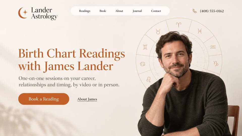 Astrology website design, birth chart readings with a zodiac wheel behind the astrologer: warm white page, a rust serif headline and rust button beside a smiling bearded astrologer in a dark sweater, a thin zodiac wheel behind him