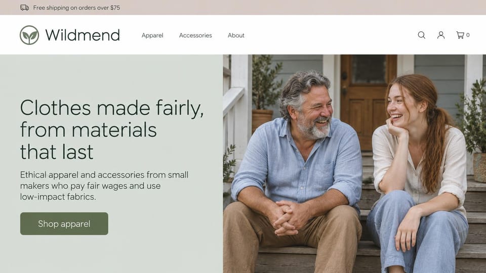 Fashion website design, fairly made clothes for two generations on a porch: pale sage left panel with a dark headline and a sage button beside an older man and a young woman laughing on porch steps in chambray and linen