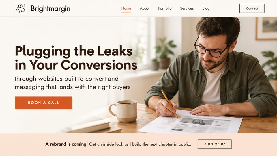 Writer website design, conversion copywriter with a sign-up strip: cream page, a bold dark brown headline, an orange call button, a man sketching on a printed web page and a peach sign-up strip