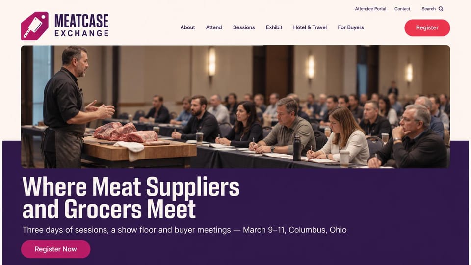 Event website design, meat industry trade show with a butcher's demo: cream header with a magenta cleaver tag logo, photo of a butcher showing cuts of beef to a seated room, deep purple panel with a cream headline and magenta register button