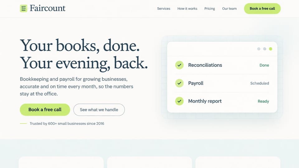 Accounting website design, bookkeeping and payroll with a task checklist: off-white page, a large slate serif headline, a lime call button and an outlined one, and a white card listing reconciliations, payroll and a monthly report with lime checks