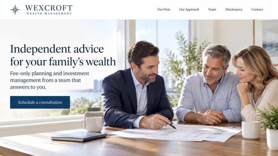 Financial advisor website design, family wealth advice in a bright room with a view: white header with a navy compass logo, bright room with a coastal city view, a man advisor with a couple, navy serif headline and navy button