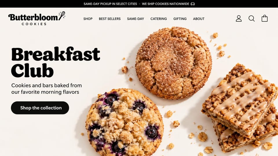 Cafe website design, cookie bakery with big bold type: cream page, a heavy black headline beside large photos of cookies and glazed bars