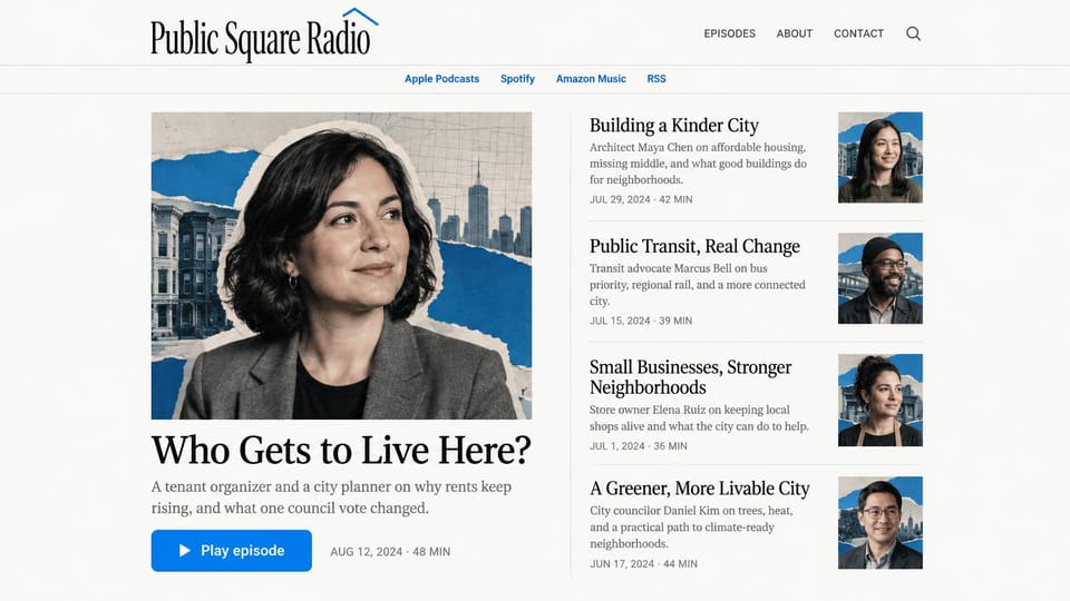 Podcast website design, local affairs show, like a newspaper: white page, a condensed serif logo, a collage portrait, a blue play button and a list of episodes