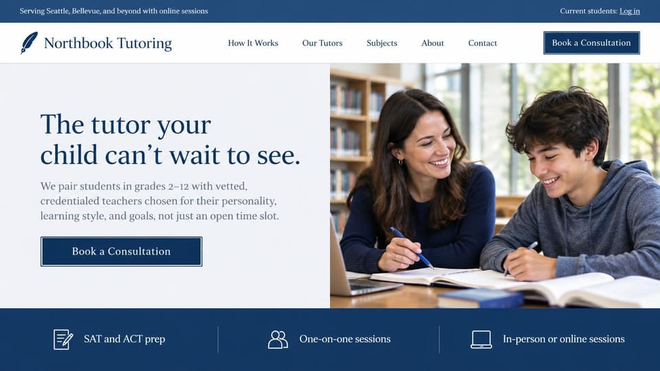 Tutoring website design, sAT and ACT tutoring with careful matching: light grey panel with a navy serif headline, a tutor and a teenage boy laughing over books in a library, navy button and a navy service bar