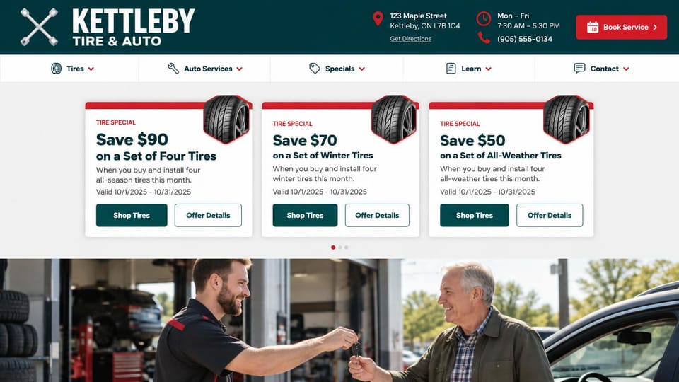 Auto repair website design, tire and auto shop with specials first: deep teal header with address and hours, three white tire special cards on light gray, a mechanic handing keys to an older customer below
