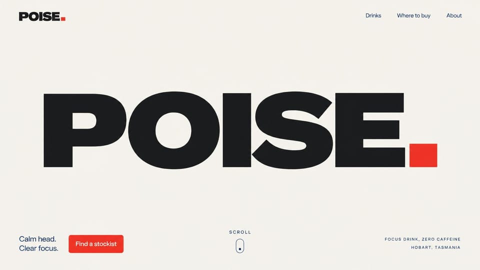 One page website design, drink brand with a giant wordmark: off-white page, huge black wordmark with a red square, small red stockist button and a scroll cue
