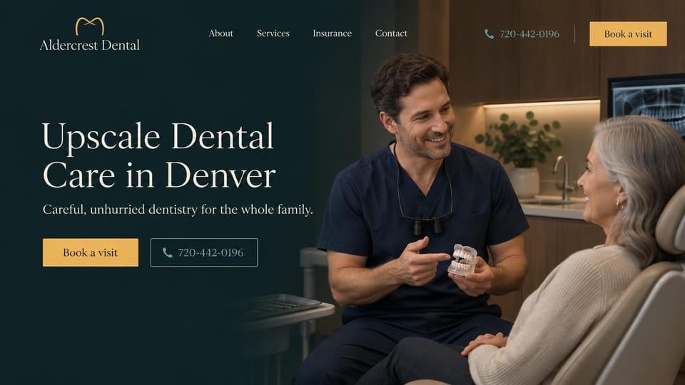 Dental website design, upscale family practice in deep teal: deep teal and gold, a dentist showing a model to an older patient beside a serif headline