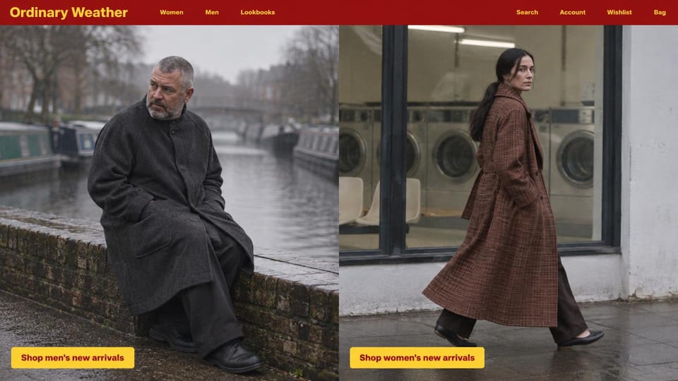 Fashion website design, rainy-day coats in a red and yellow split: red header with yellow type, a split of a man in a dark overcoat by a rainy canal and a woman in a brown check coat walking past a laundromat, a yellow button on each