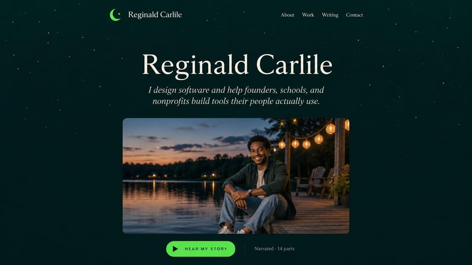 Personal website design, designer with a narrated story: dark green starry page, a cream serif name, a portrait on a lakeside dock at dusk and a green play button