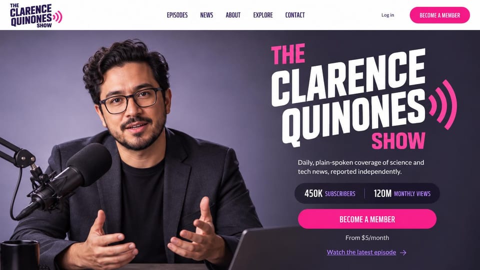 Podcast website design, daily video show with a host brand: deep purple, a host at a microphone, a white and pink condensed show name and a pink member button
