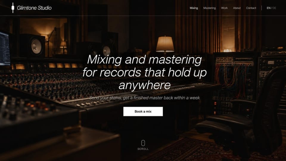 Recording studio website design, mixing and mastering with a language switch: dark warm control room with a large console, monitors and racks of gear, light italic white headline, white button and a language toggle