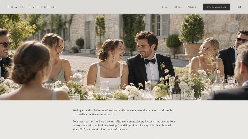 Wedding photographer website design, wedding film studio with a story below the photo: light grey menu with a dark button, a wide photo of a couple laughing at a long outdoor table with friends, two short paragraphs below