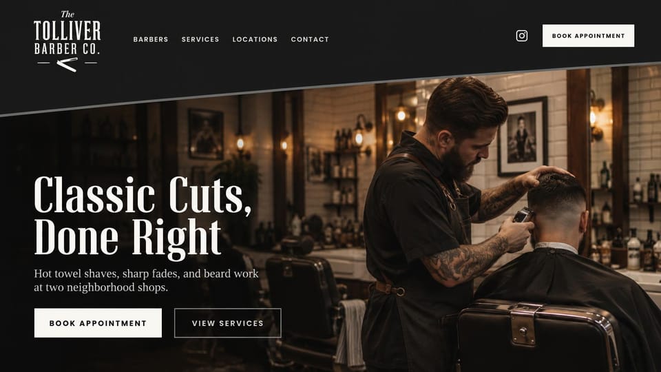 Barbershop website design, two neighborhood shops with an angled header: angled charcoal header over a photo of a tattooed barber at work, a tall condensed serif headline, white buttons