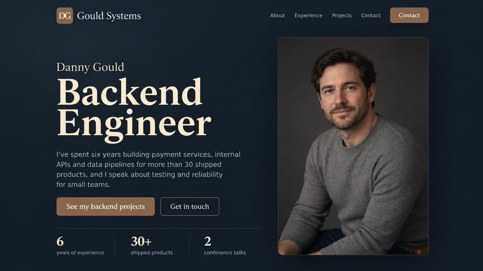 Developer portfolio website design, backend engineer with a big serif job title: dark navy page, a large cream serif job title, a brown projects button, an outlined contact button, a portrait of a bearded man in a gray sweater and three stats