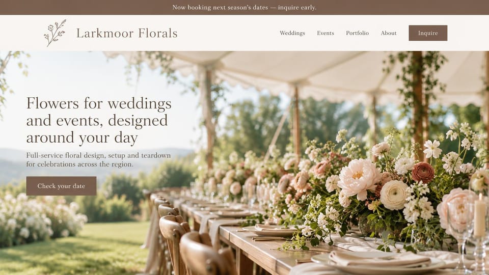 Florist website design, event florist with a garden tent table: brown booking bar, sunlit garden tent with a long table of peonies and roses, dark serif headline, brown date button