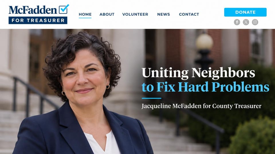 Political campaign website design, county treasurer with a full-bleed portrait: white header with a navy logo and bright blue donate button, a woman with curly hair on stone steps, a white and sky blue serif headline over the photo