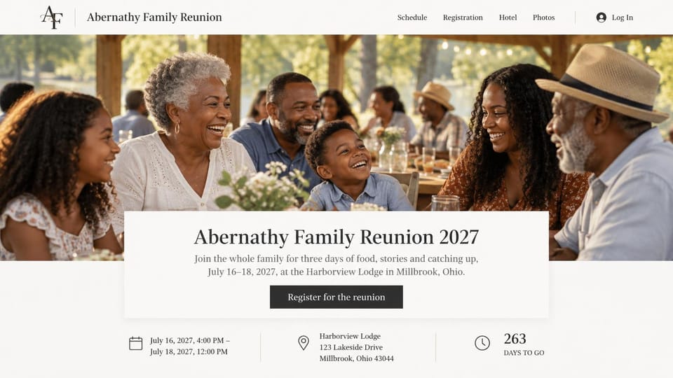 Event website design, family reunion with a details row and countdown: cream page, photo of a family laughing at an outdoor table, white card with a serif headline and black register button, details row below