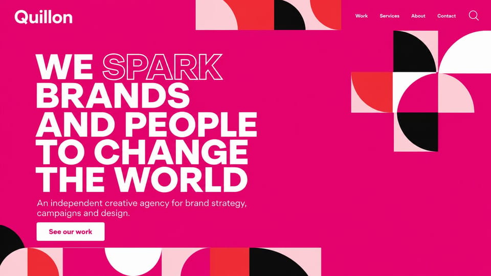 Agency website design, creative agency in magenta shapes: hot pink page, a stacked white uppercase headline with an outlined word and red, pink and black shapes