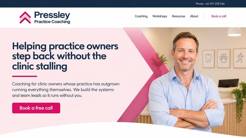 Coaching website design, business coaching for clinic owners: white and pink diagonal band, a navy headline beside a coach with crossed arms in a clinic lobby
