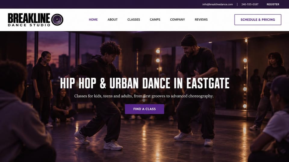 Dance studio website design, hip hop and urban dance in a dusk-lit studio: dusk-lit studio with city windows, two dancers in a circle of onlookers, a condensed white headline, a purple button