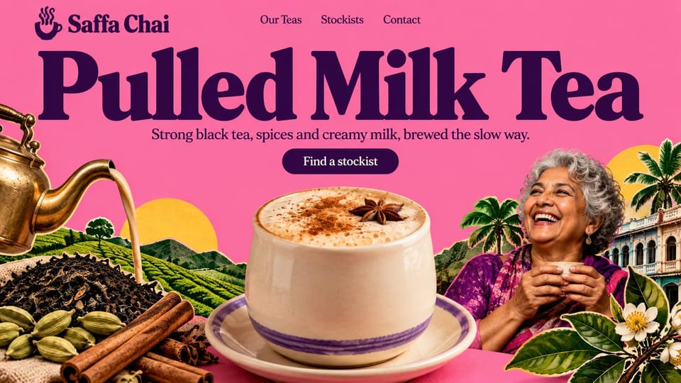One page website design, tea brand with a collage hero: hot pink page, large purple serif headline, collage of tea pouring, spices, palms and a smiling woman with a cup