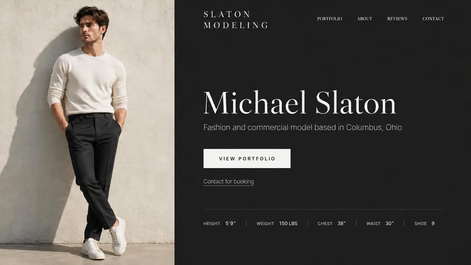 Model portfolio website design, male model with a split screen and a stats row: split screen, a man in a cream sweater leaning on a pale wall, a charcoal half with a large white serif name, a white button and a stats row